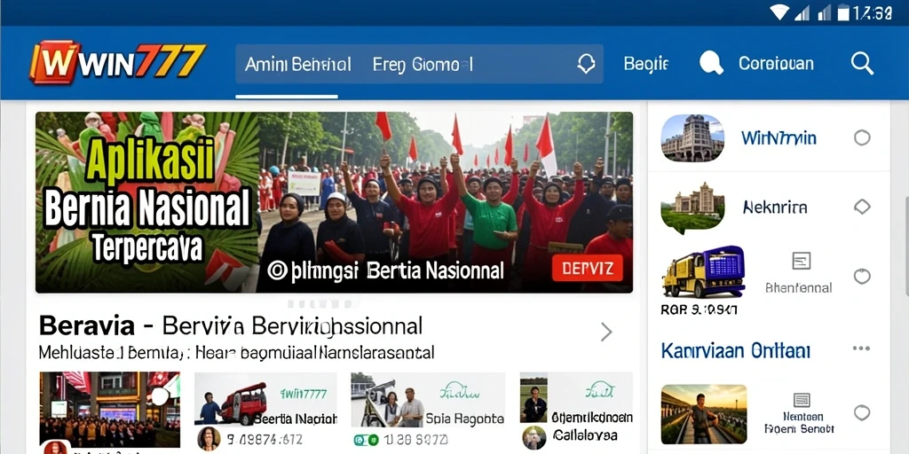 Screenshot aplikasi WIN777 yang menampilkan antarmuka berita nasional.